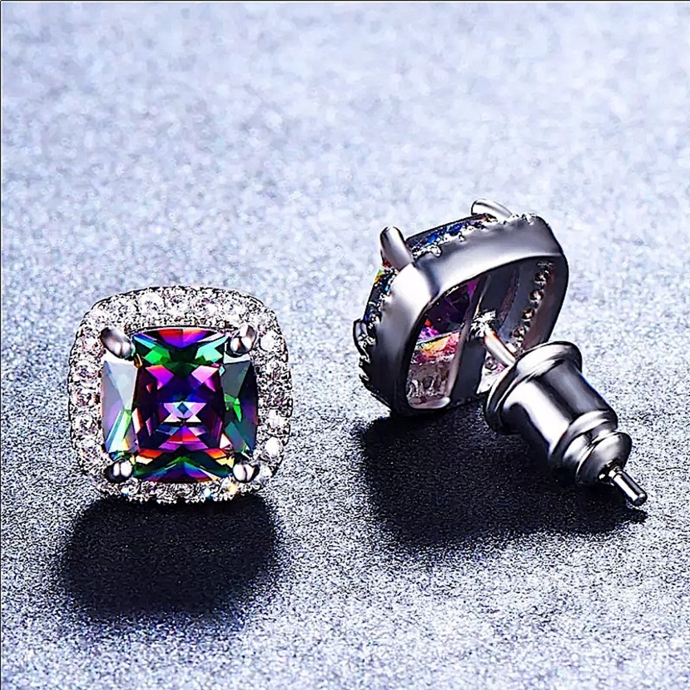 Mystic Fire Topaz Sterling Silver Stud Zircon Earrings - Picture 7 of 11